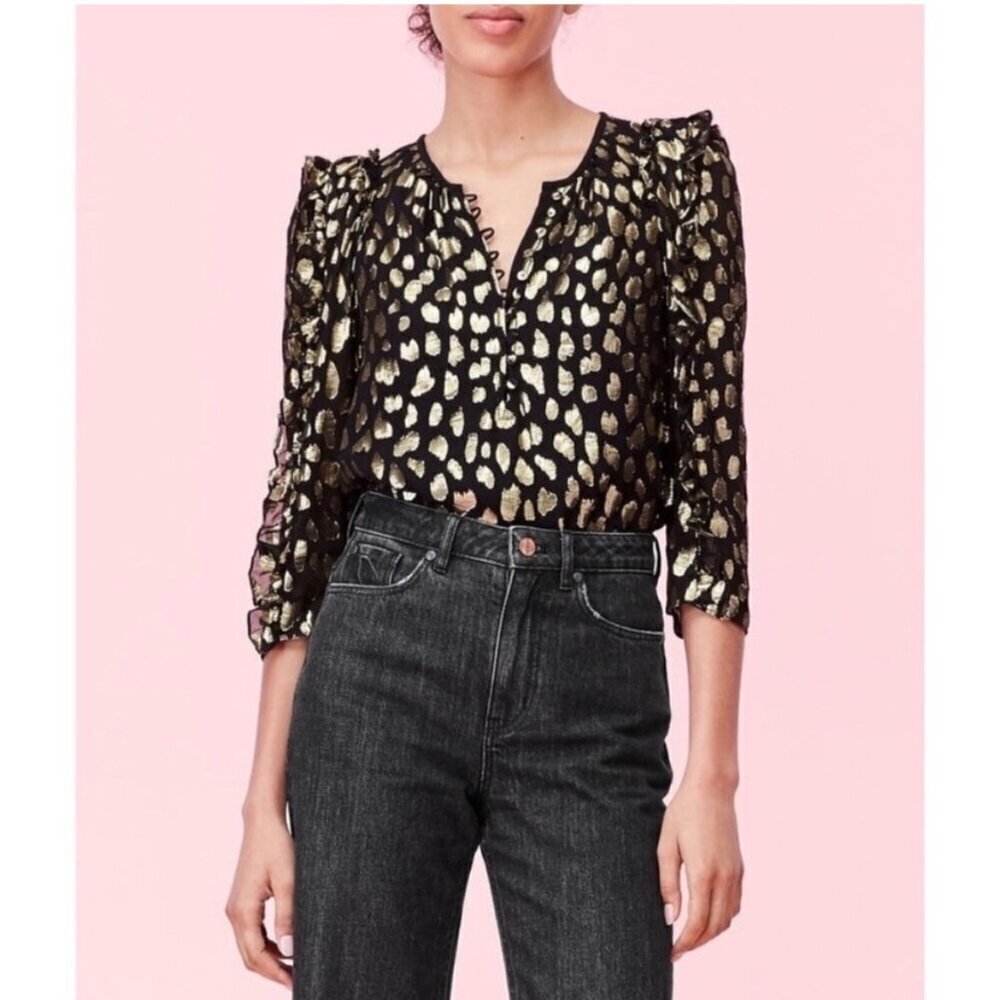 Rebecca Taylor Silk Ruffle Blouse Size 4 Black Gold Metallic Designer Top